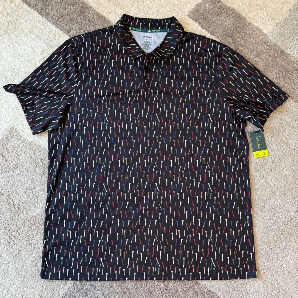 Tek Gear Mens Golf Polo‎ Shirt XL Black Golf Tee Print Performance Short Sleeve